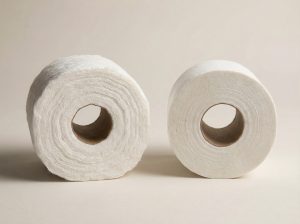On the left, show a Charmin Ultra Soft roll that appears plush, cushiony, thick, and soft, with visible layered texture. On the right, show a plain, generic toilet paper roll that looks thinner, flatter, and less cushioned.
